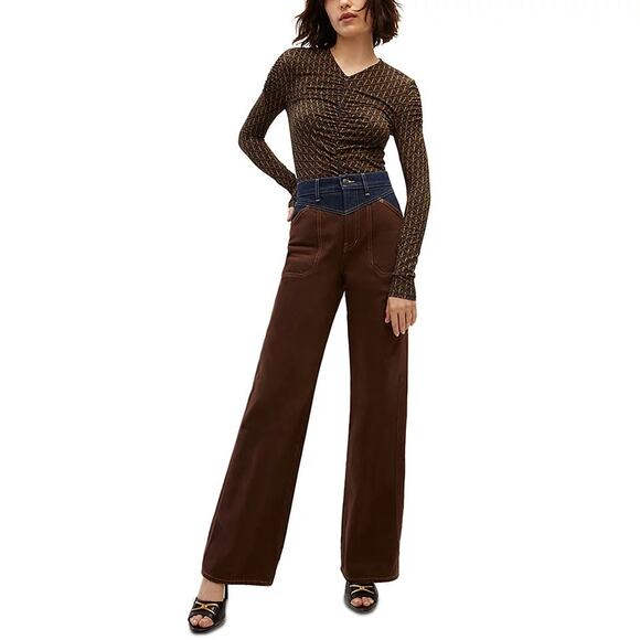 EUC Veronica Beard Neeta Ruched Jersey‎ Top Large Bit Print Stretch Long Sleeve - Picture 8 of 16